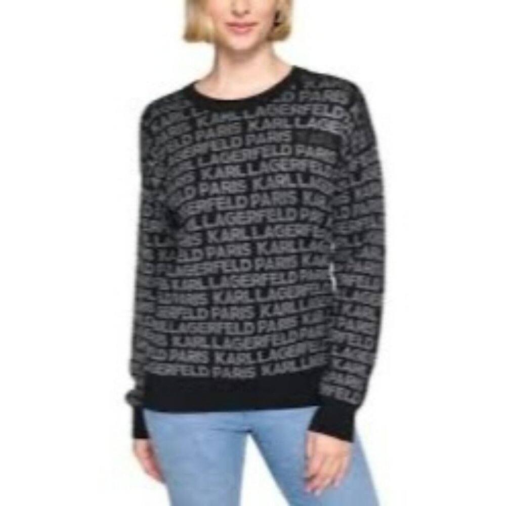 NWT KARL LAGERFELD PARIS Black & Silver Sparkle Pullover Logo Sweater Size Small